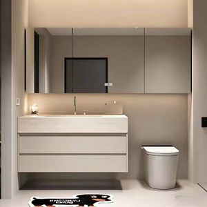 Meuble de salle de bain intelligent avec miroir, armoire d'extension en aluminium alvéolé, vasque intégrée en dalle de roche pliée à chaud sur mesure - Product Image 4