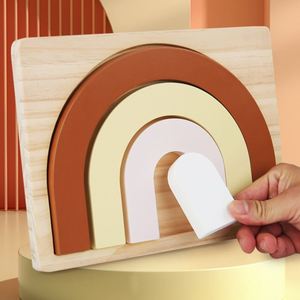 Juguete de madera natural para bebés, arco de madera creativo, bloques de rompecabezas apilables de arcoíris, seguros para niños - Product Image 3