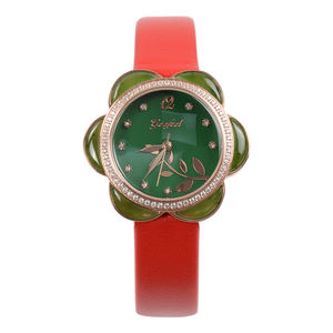 Reloj de Pulsera para Mujer con Diseño Floral, Correa de Cuero Roja, Elegante Reloj de Jade para Dama - Product Image 3