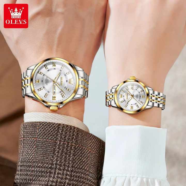 OLEVS 3620 Auto Date Quartz Couple Watch Luxury Diamond Stainless Steel Wristwatch Waterproof Luminous Dress Men Women Watches