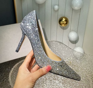 JIM style silver glitter gradient <b>sequin</b> pointed-toe low-heeled high-heeled women's shoes for wedding brides with crystal - Product Image 2