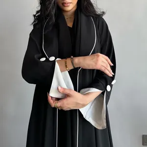 Factory Hot Open Kimono Abaya For Muslim Women Ramadan Eid Jalabiya Patchwork Long Sleeve African Moroccan Robe Buttons Decor