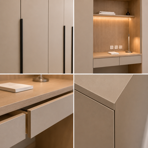 Muebles de Dormitorio Modernos, Armario con Escritorio Integrado, Sistema de Almacenamiento Empotrado en Color Crema Beige - Product Image 2