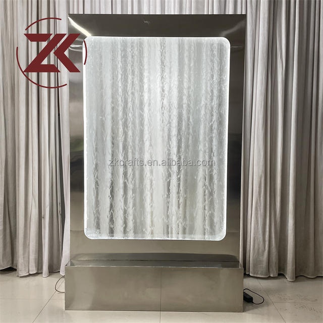 ZKAI Customized Shiny Silver Metal Glass Water Board Stand Wedding Welcome Entrance Sign Led Waterfall Backdrop