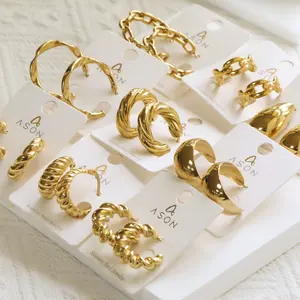 Hypoallergenic Stainless Steel Statement Hoop Earring Jewelry Geometric Chunky Stud 18K Gold Plated Twist Women Hoop Earrings