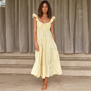 <span class=keywords><strong>Robe</strong></span> mi-longue en coton pour femmes, avec bretelles à volants, cordon de serrage, décolleté carré arrondi, jupe à volants superposés - Product Image 1