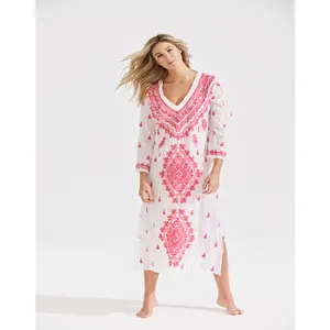 Perfect beach cover up V neck 3/4 sleeve Side slit detail at the hem 100% Cotton vibrant hot pink or white with blue embroidery