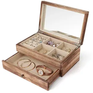 Venda imperdível caixa de anel de presente de joias vintage de madeira clássica personalizada com 2 camadas