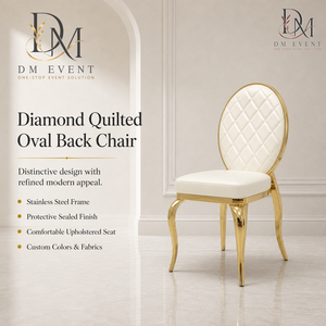 Silla de Recepción de Boda de Acero Inoxidable Dorado con Respaldo Ovalado Acolchado de Diamantes y Cojín Blanco para Salones de Banquetes, Asientos al por Mayor - Product Image 1