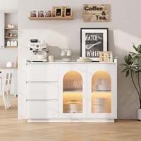 Buffet moderne avec portes en verre, éclairage LED, 3 tiroirs, meuble de rangement pour bar à café, salle à manger, cuisine