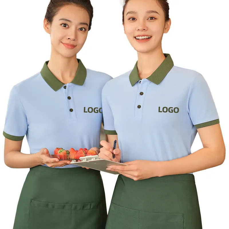 Custom Vissen Shirt Serveerster Werkkleding Korte Mouw Restaurant Kelner Uniform Revers Polo Shirts Custom Logo