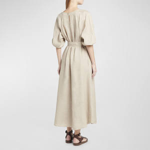 Abito Midi Estivo/Primaverile Casual di Alta Qualità Personalizzato in Tessuto Naturale Misto Cotone e Lino con Collo a O per <span class=keywords><strong>Donne</strong></span> - Product Image 2