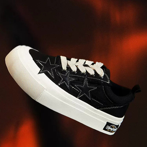 <b>Black</b> Platform Skate Shoes Star Patch Raw Fringe Canvas <b>Sneakers</b> With Thick White Sole - Product Image 3