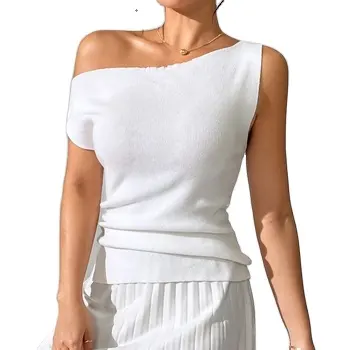 Customized Women's Sexy One Shoulder Ribbed Top Casual Solid Color Slim Sleeveless Knit Strapless Vest