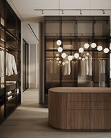 Armoire de chambre contemporaine autoportante convertible avec bureau d'angle intégré, meuble de rangement sur mesure en verre