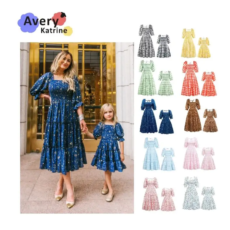 Parent Child Printed Floral Mother and Daughter Dress Sisters Short Sleeve Long Skirt Family Matching Outfits
