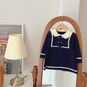 Vestido de Punto Estilo Marinero Casual para Niñas, Versión Coreana de Otoño, Manga Larga, Diseño Sólido, Vestido Plisado - Product Image 2