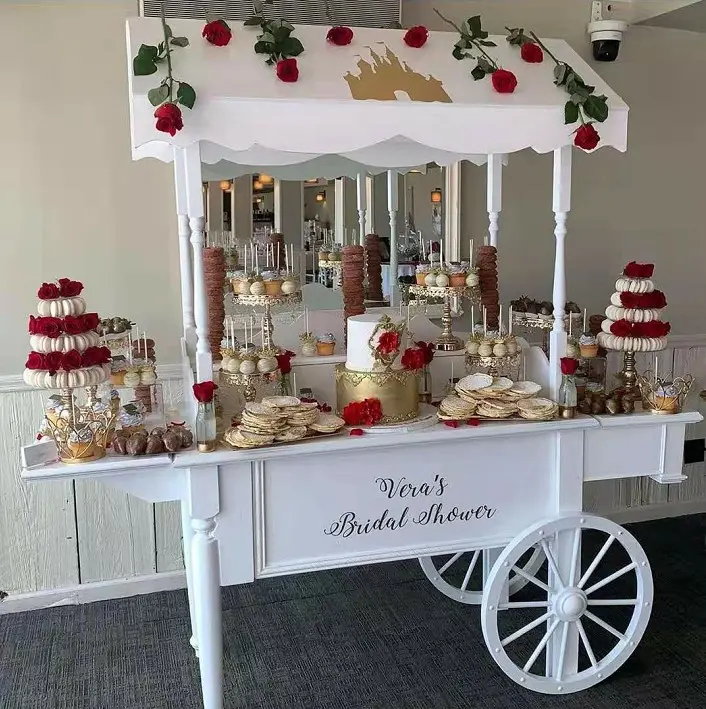 Moderne Houten Hout Bloem Candy Winkelwagen Display Stand Voor Bruiloft Dessert Decoratie Voor Koop Met Wielen