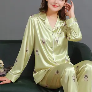 Kustom 2024 produk baru pakaian tidur sutra wanita dua potong pakaian rumah panjang, jubah lengan dengan sabuk piyama Satin mewah/