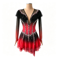 Robe de patinage artistique à manches longues à volants dégradé rouge et noir, avec strass en maille pour enfants et adultes, pour compétition et performance sur glace