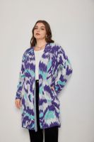 Cardigan long en tricot jacquard abstrait Ikat pour femmes grandes tailles, ouvert sur le devant, sans poches, coupe ample mi-mollet, personnalisable OEM