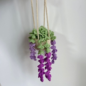 Cesto Sospeso Fatto <span class=keywords><strong>a</strong></span> Mano all'Uncinetto Beige con Foglie Verdi, Fiori Pendenti, Vite <span class=keywords><strong>di</strong></span> Fragole, Lillà, Viola, Rosa e Decorazioni Floreali - Product Image 6