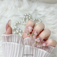 Lot de 10 faux ongles artisanaux tendance, forme cercueil moyenne, design français, avec décoration croix diamant rose, en PMMA, couvrance totale
