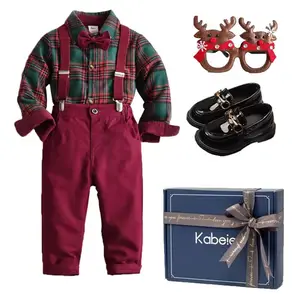 क्रिसमस औपचारिक आउटफिट बच्चों Smocked बच्चों के कपड़े टैटन शर्ट लाल पैंट उपहार बॉक्स सेट कपड़े + चमड़े के जूते + बॉक्स + चश्मा