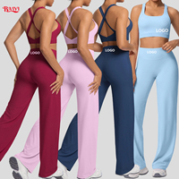 Ensemble de yoga 2 pièces personnalisé avec logo, soutien-gorge de sport à fort impact découpé couleur chair et pantalon de yoga évasé à jambe droite, ensemble de fitness pour femme