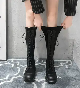 Yeni varış son tasarım çorap streç malzeme yuvarlak ayak bloğu diz yüksek çizmeler kış lace up detay siyah serin moda