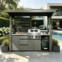 Ilha de Cozinha Externa de Luxo em Aço Inoxidável 304 com Pia, Coifa, Fogão, Frigorífico, Queimador Lateral, Armários de Armazenamento para Churrasco e Entretenimento em Vilas