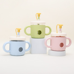 Baby Feeding Milk Glass Cup Spill Proof Sippy Cup Baby Milk Drinking Water <b>Bottle</b> with Silicone Sleeve with Lids and <b>Straw</b> - Product Image 2