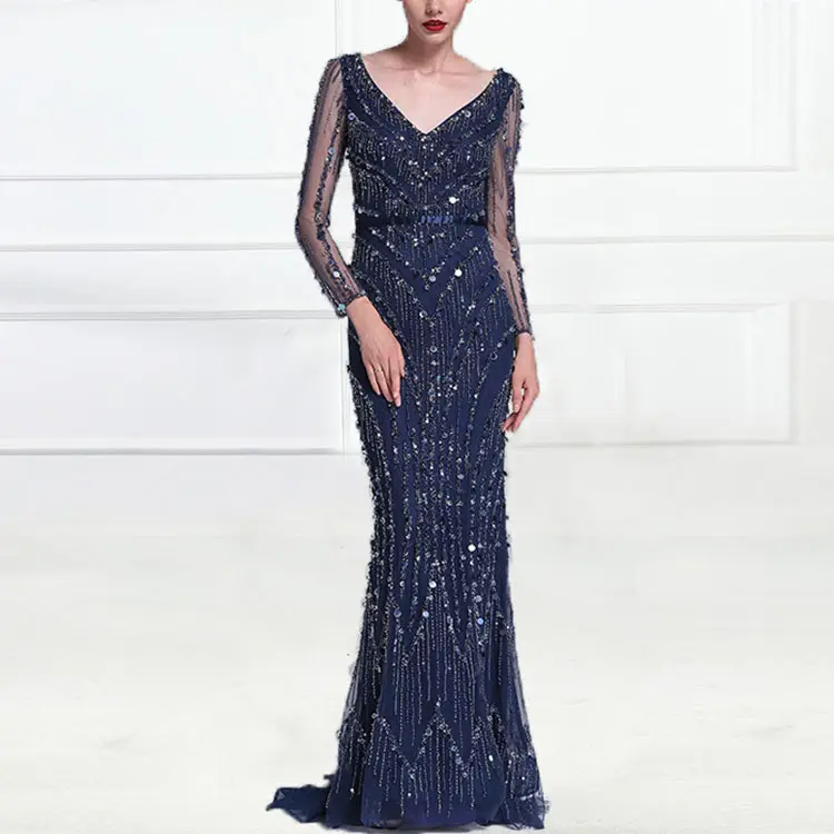 OEM V Neck Sequin Prom Dresses Party Maxi Sequin Evening Dress