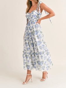 เดรสยาวลายดอกไม้สีฟ้า คอปกสี่เหลี่ยม แต่งระบาย ระบายอากาศได้ดี สไตล์ลำลอง สายผูกเอว สำหรับฤดูร้อน - Product Image 3