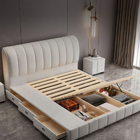 Cadre de lit double de rangement italien luxueux et crème King-Size Minimaliste Chambre à coucher principale Tissu non lavable Technologie bon marché