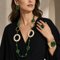 Parures de bijoux tendance en résine verte : collier, bracelet manchette, bague et boucles d'oreilles plaqués or 18 carats – Cadeau sculptural pour femme