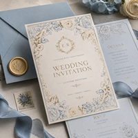 Invitation de mariage personnalisée élégante bleue à motifs floraux, impression de bordure botanique or et bleu ornée avec texte personnalisé