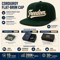 Casquette de baseball personnalisée en velours côtelé à visière plate, 6 panneaux, avec broderie script et sangle en cuir réglable, vente en gros, OEM, faible MOQ