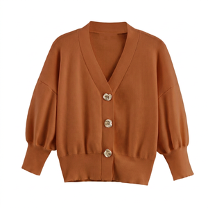 Cardigan pour femme à col en V, manches trois quarts bouffantes, couleur unie, fermeture boutonnée, pull décontracté en tricot pour l'automne, 100% acrylique - Product Image 1