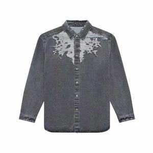 Camisas de Mezclilla Rasgadas de Manga Larga Personalizadas para Hombre, Camisas de Mezclilla Desgastadas de Color Gris Oscuro Vintage para Hombre - Product Image 3