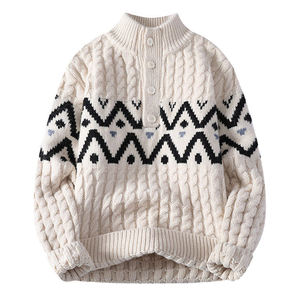 メンズ ハーフタートルネック ケーブルニット セーター 幾何学模様 ボタンダウン カジュアル ルーズ ニット プルオーバー - Product Image 1
