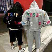 Vêtements YSJY Y2k Streetwear pour hommes, ensemble de survêtement deux pièces personnalisé avec strass de luxe, veste zippée et short de jogging effet délavé