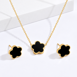 Conjunto de Collar y Aretes de Trébol Negro, Acero Inoxidable, Color Dorado, Joyería Acrílica - Product Image 1