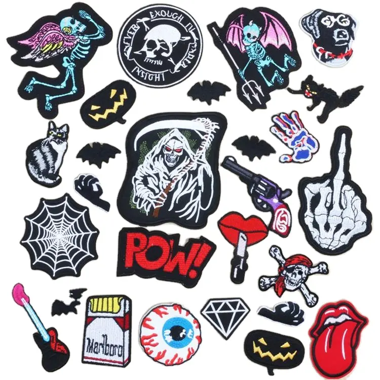 Schedel Borduurwerk Doek Patch Halloween Death's Blade Bat Rode Lippen Kleding En Hoeden Strijken Patch