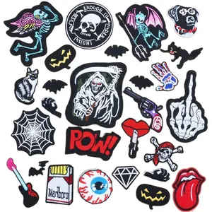 Skull Embroidery Cloth Patch Halloween Death'S Blade Bat Red Lips Clothes And Hats Ironing Patch