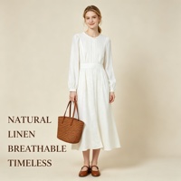 Robes longues en gros pour femmes, robe à manches longues, OEM personnalisée, en lin blanc, avec taille plissée et col à volants, robe décontractée