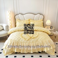 Parure de lit en coton lavé à volants, 4 pièces, motif floral, avec drap et deux taies d'oreiller, taille Queen/King