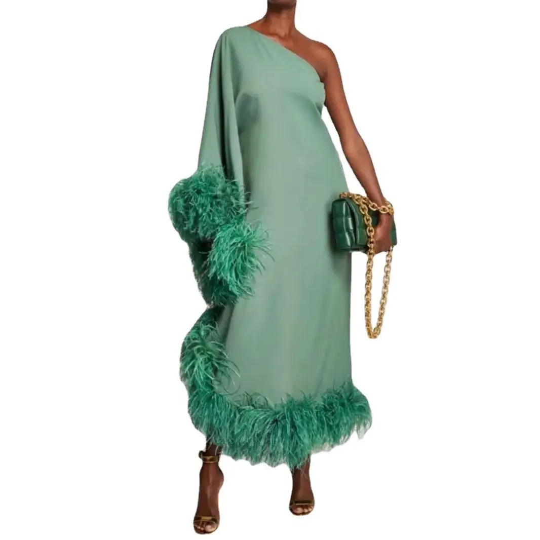 2024 Luxury Gowns Clothes Muslim Women Evening Robe One Shoulder Fuzzy Fur Kaftan Ostrich Feather Trim Long Crepe Silk Dress