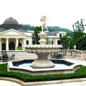 Двор Сад Квадратный белый камень мраморный бассейн фонтан с мальчик ангел и Рыба Статуя Скульптура