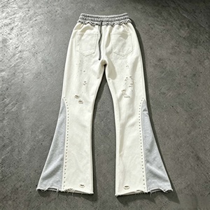 Pantalon évasé personnalisé pour homme, décontracté, effet usé, taille élastique avec cordon de serrage, en coton patchwork, style jogging - Product Image 5
